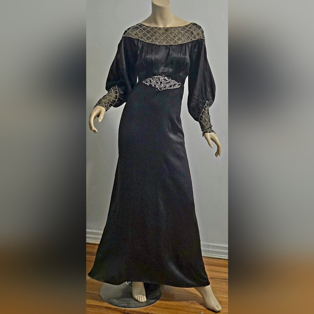 Exquisite 1920s Antique Bias Silk Beaded  Black Evening Dress - Picture 2 of 8